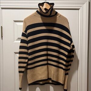 CAbi Striped Turtleneck Sweater in Beige and Black